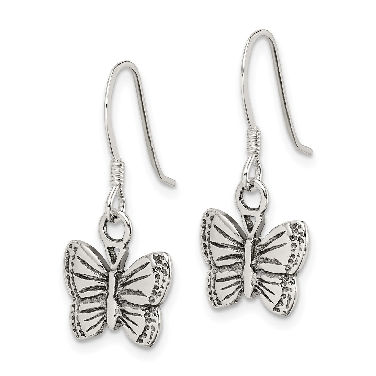 Sterling Silver Butterfly Dangle Earrings with Hook Design and Intricate Detailing