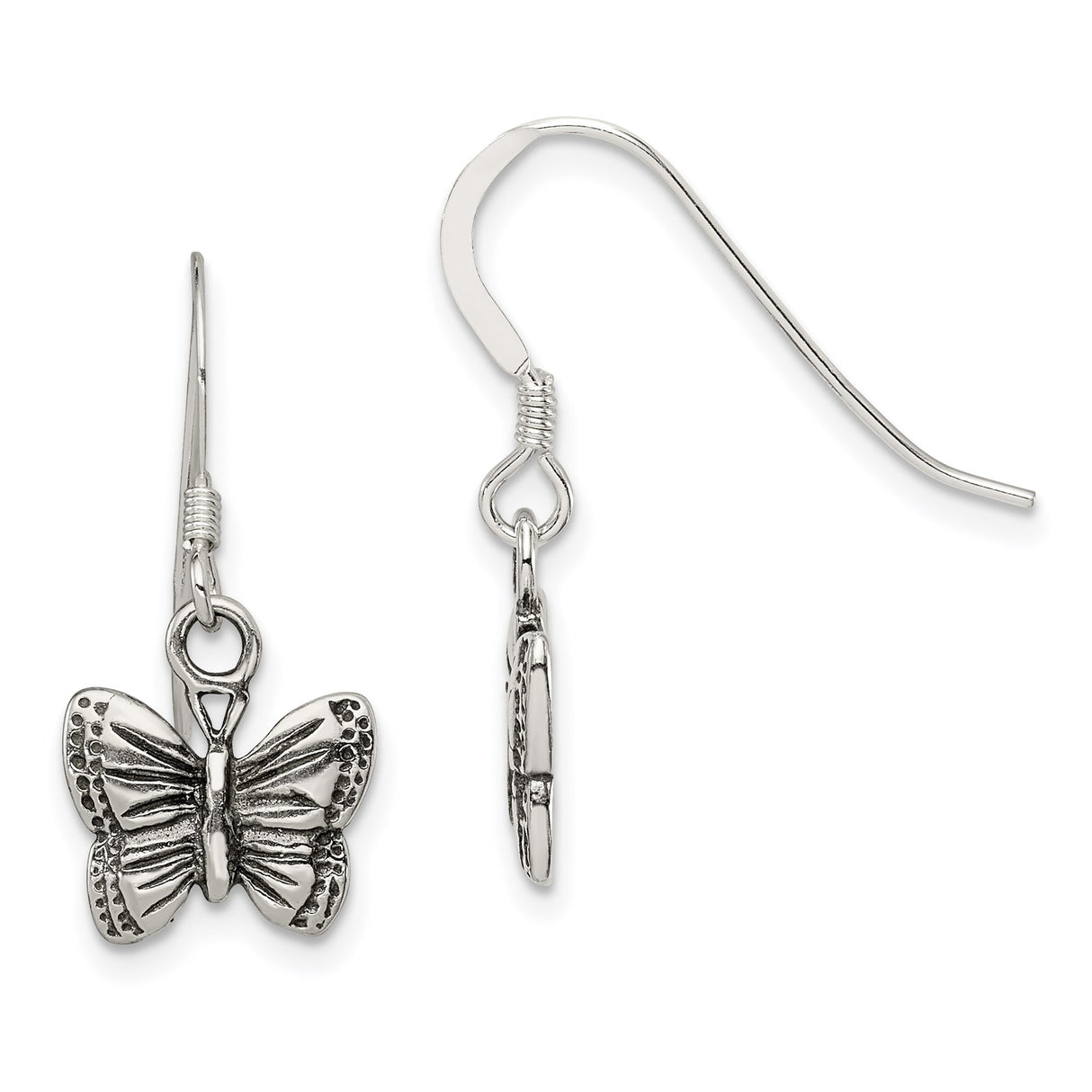 Sterling Silver Butterfly Dangle Earrings with Hook Design and Intricate Detailing