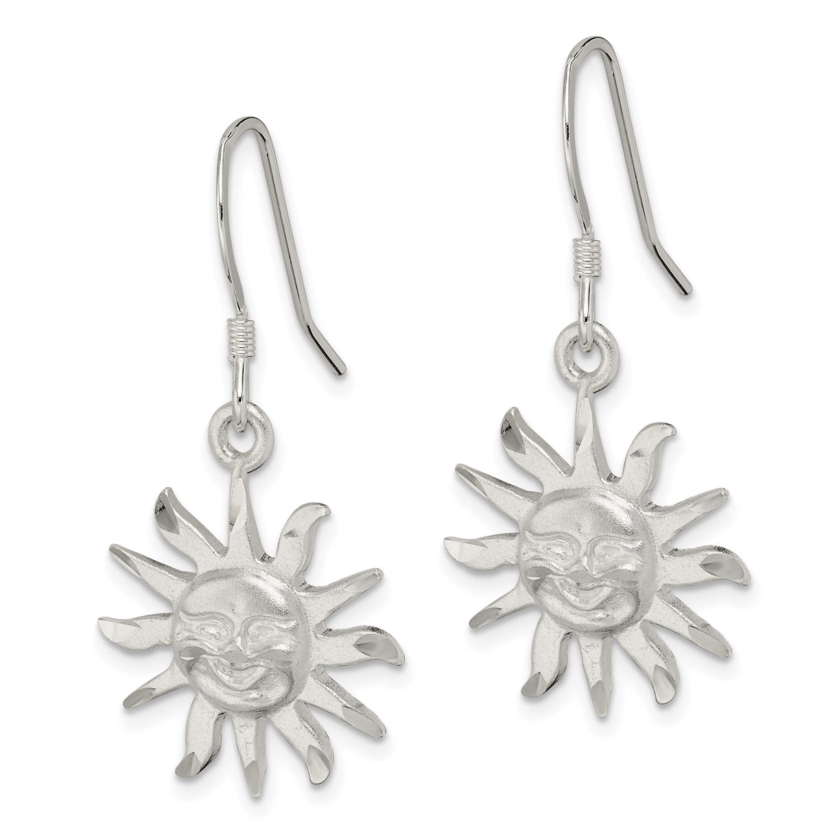 Sterling Silver Sun Face Dangle Earrings with Smiling Sunburst Design, Celestial Boho Jewelry for Women