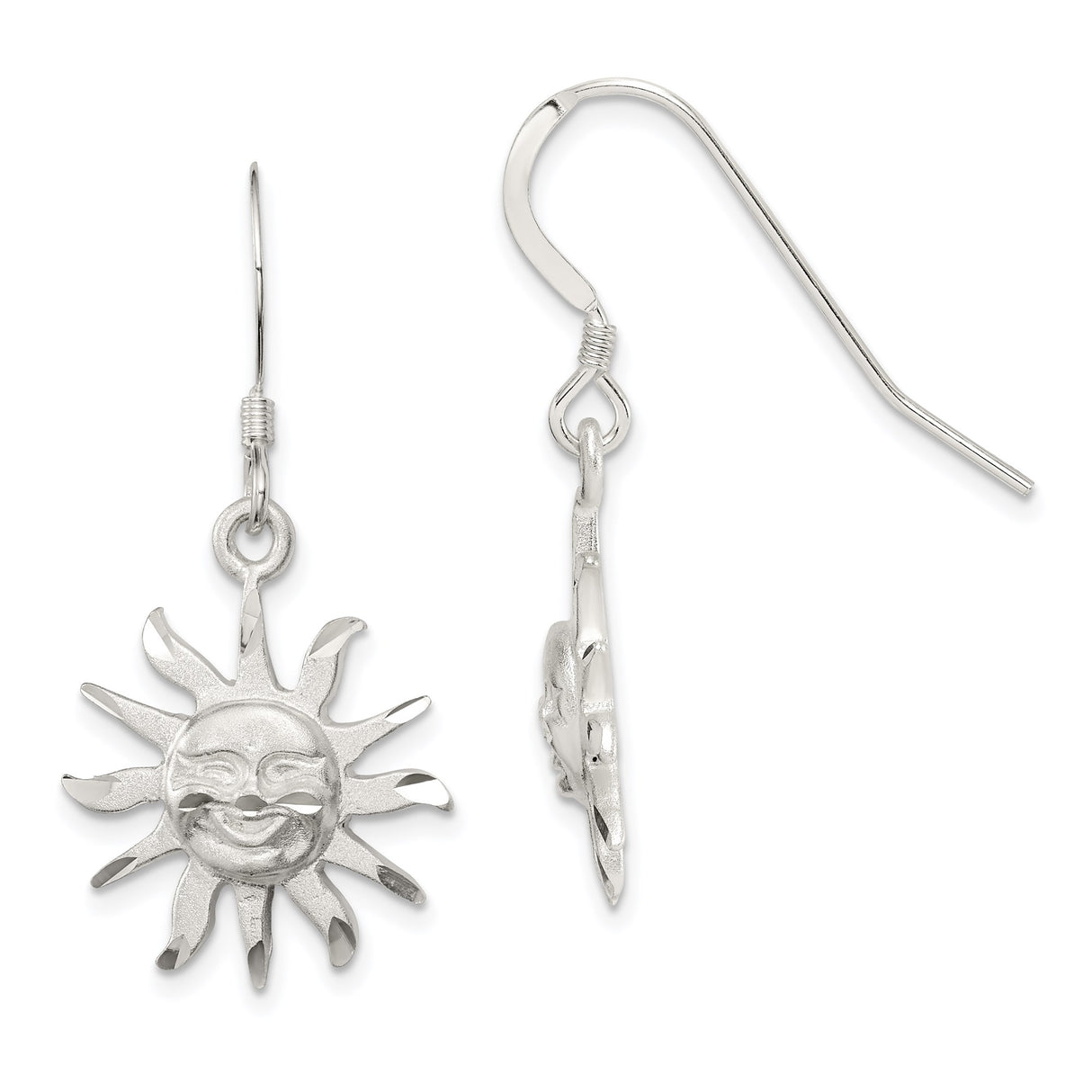 Sterling Silver Sun Face Dangle Earrings with Smiling Sunburst Design, Celestial Boho Jewelry for Women