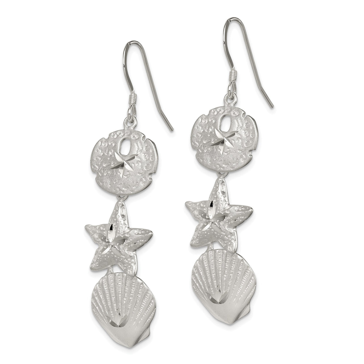 Sterling Silver Dangle Earrings with Sand Dollar, Starfish, and Seashell Charms, Coastal Style