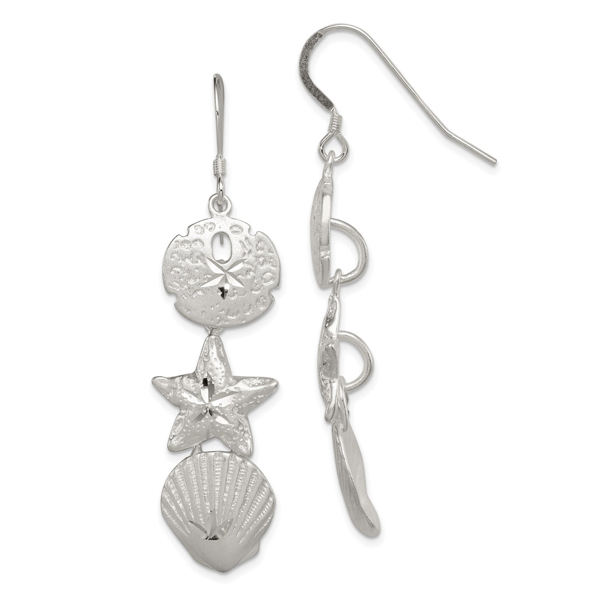 Sterling Silver Dangle Earrings with Sand Dollar, Starfish, and Seashell Charms, Coastal Style