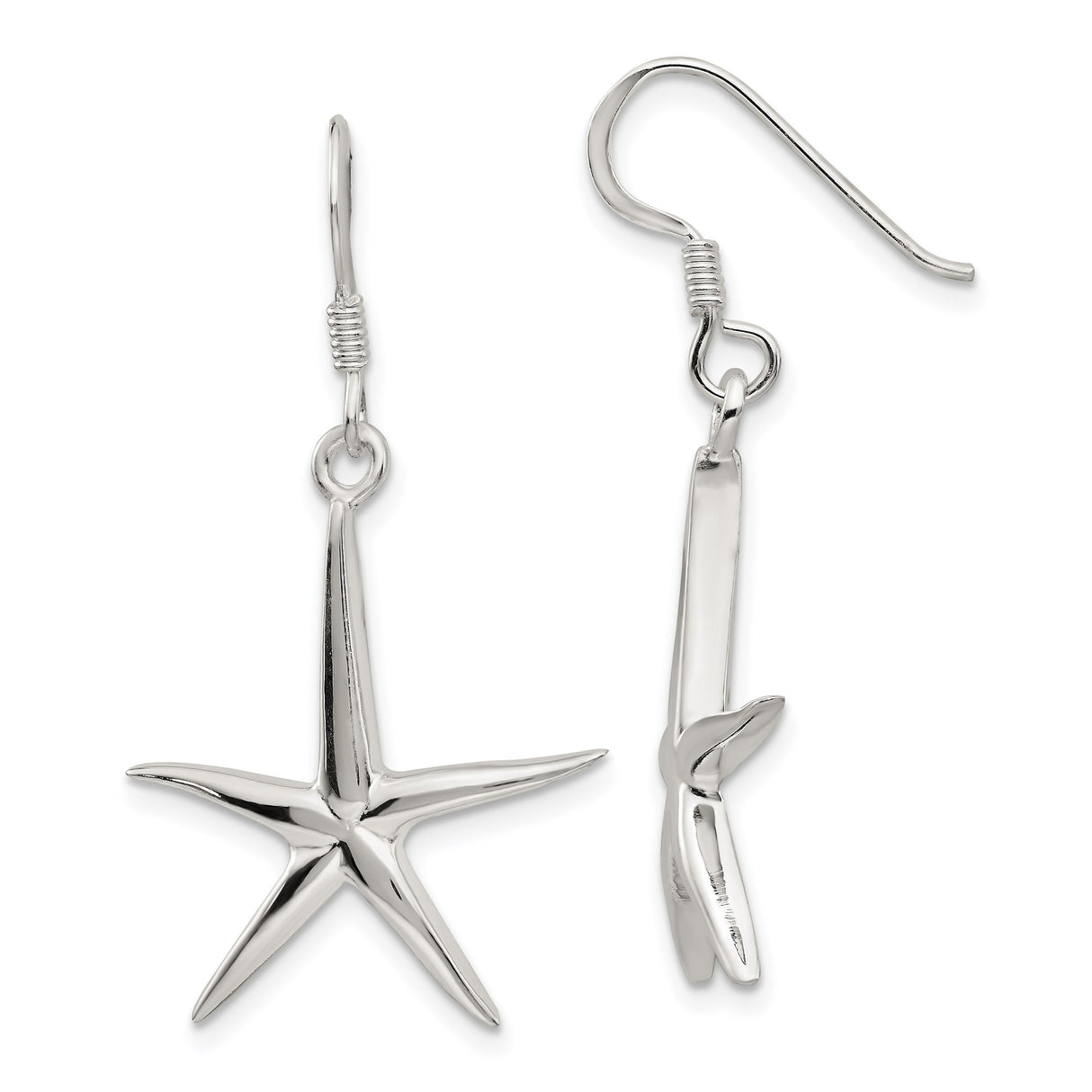 Sterling Silver Starfish Dangle Earrings, Polished Nautical Beachwear Style for Women