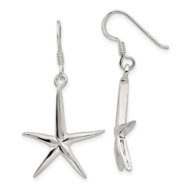 Sterling Silver Starfish Dangle Earrings, Polished Nautical Beachwear Style for Women