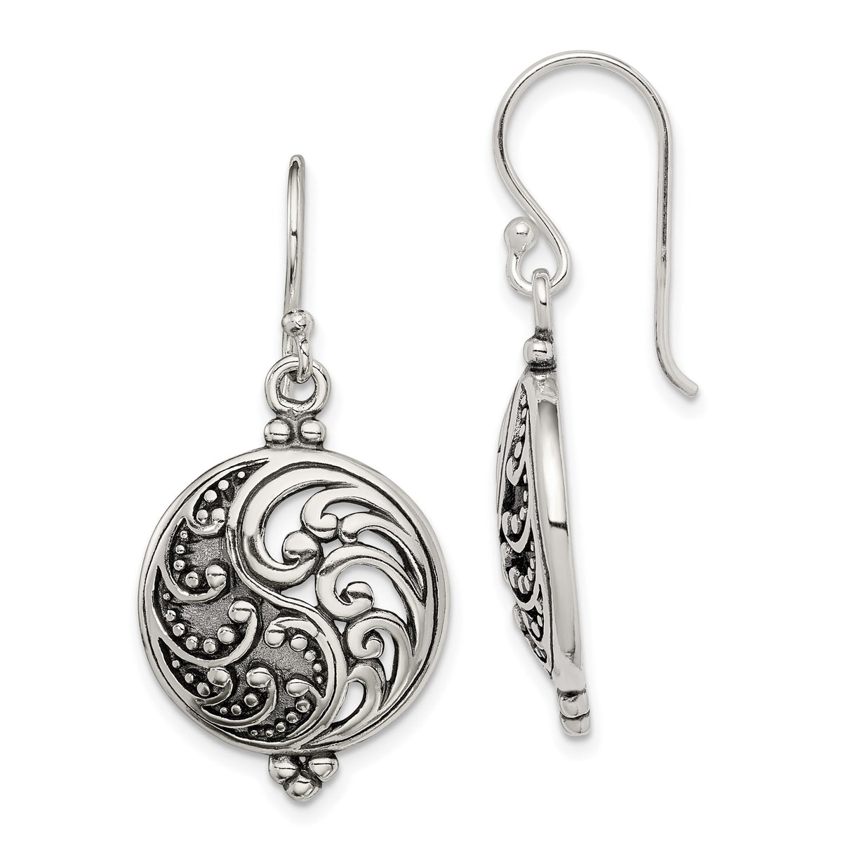 Sterling Silver Yin Yang Dangle Earrings with Filigree Swirl and Dot Pattern, Boho Style