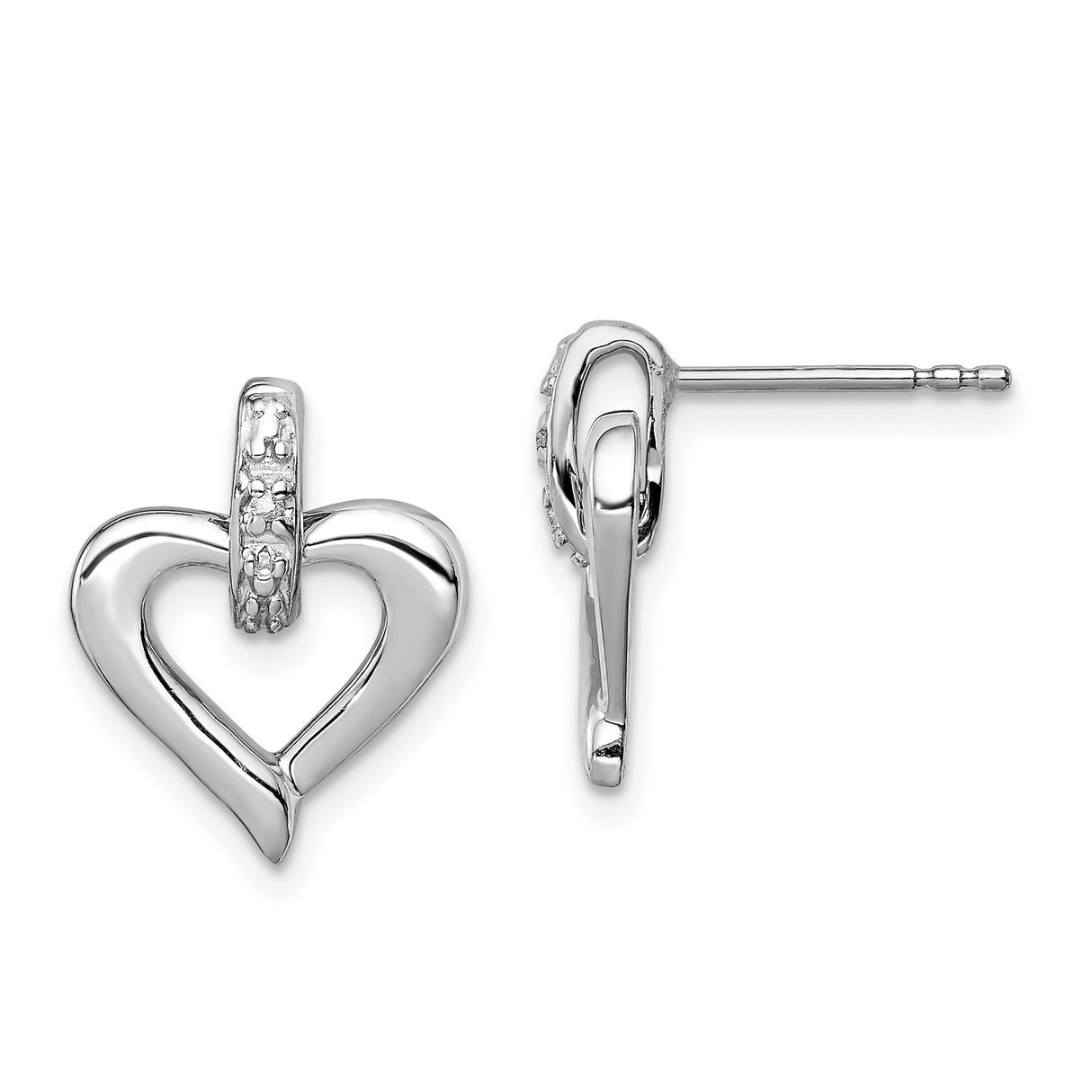 Sterling Silver Heart Stud Earrings with Diamond Accent Bail, Romantic Open Heart Design