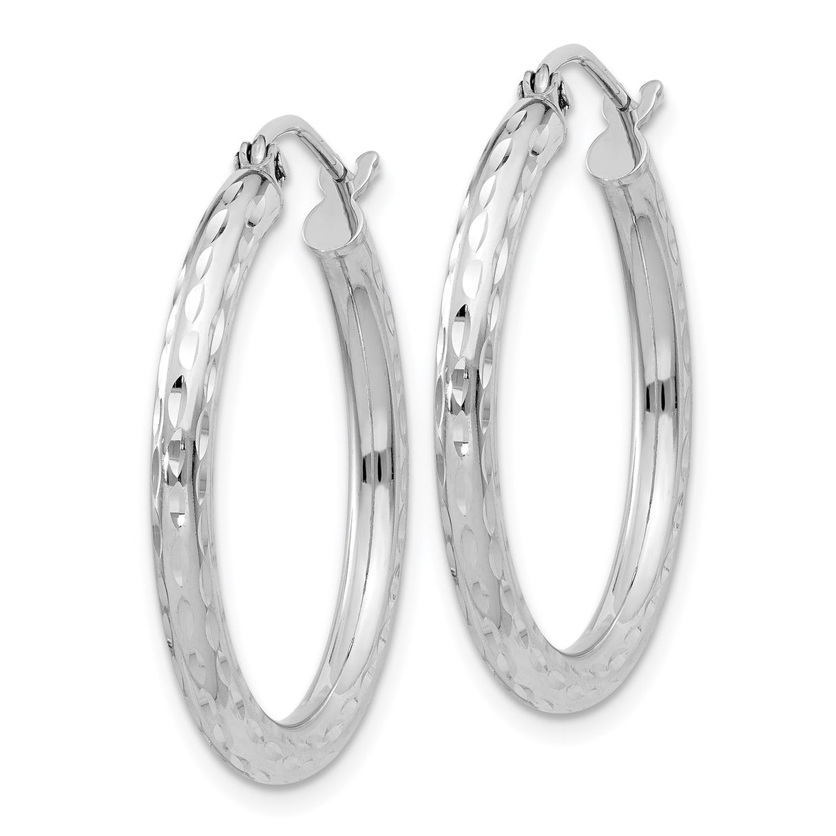 Sterling Silver Hoop Earrings with Diamond Cut Finish, Medium Round Hinged Style for Women