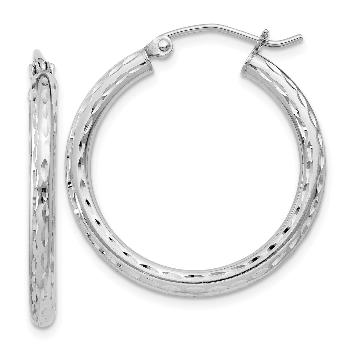 Sterling Silver Hoop Earrings with Diamond Cut Finish, Medium Round Hinged Style for Women