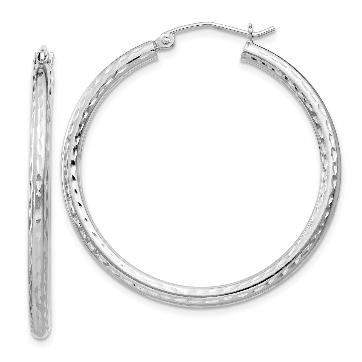 Sterling Silver Hammered Hoop Earrings with High-Polish Finish, Textured Round Design
