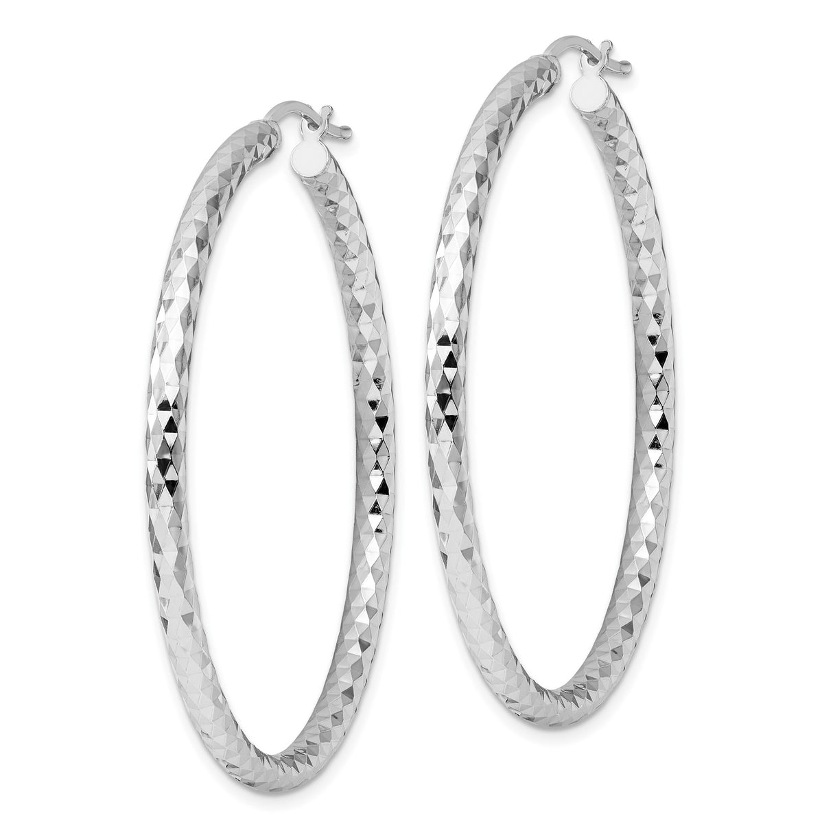 Sterling Silver Hoop Earrings with Diamond Cut Textured Surface, Rhodium Plated, Lightweight Design
