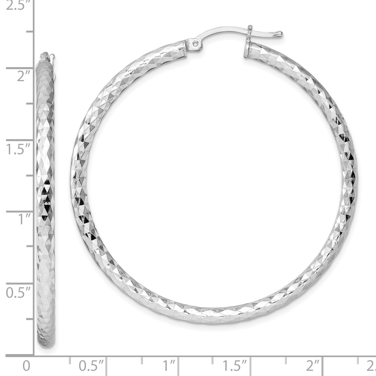 Sterling Silver Hoop Earrings with Diamond Cut Textured Surface, Rhodium Plated, Lightweight Design