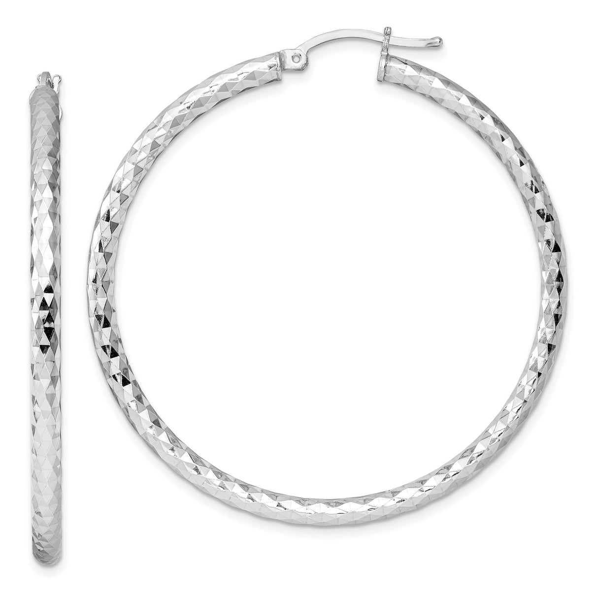Sterling Silver Hoop Earrings with Diamond Cut Textured Surface, Rhodium Plated, Lightweight Design
