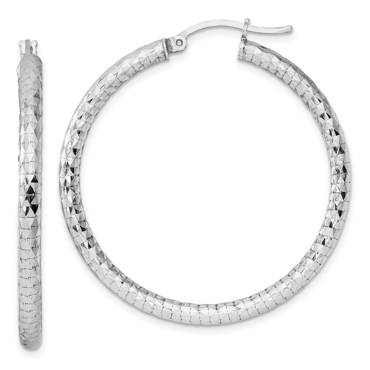Sterling Silver Hoop Earrings, Large Round Textured Hoops with Diamond Cut Finish