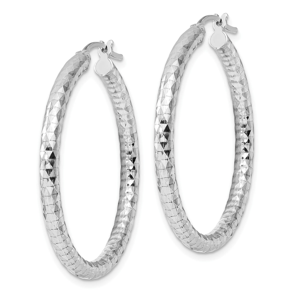 Sterling Silver Hoop Earrings, Diamond Cut Textured Round Hoops with Hinged Closure for Women