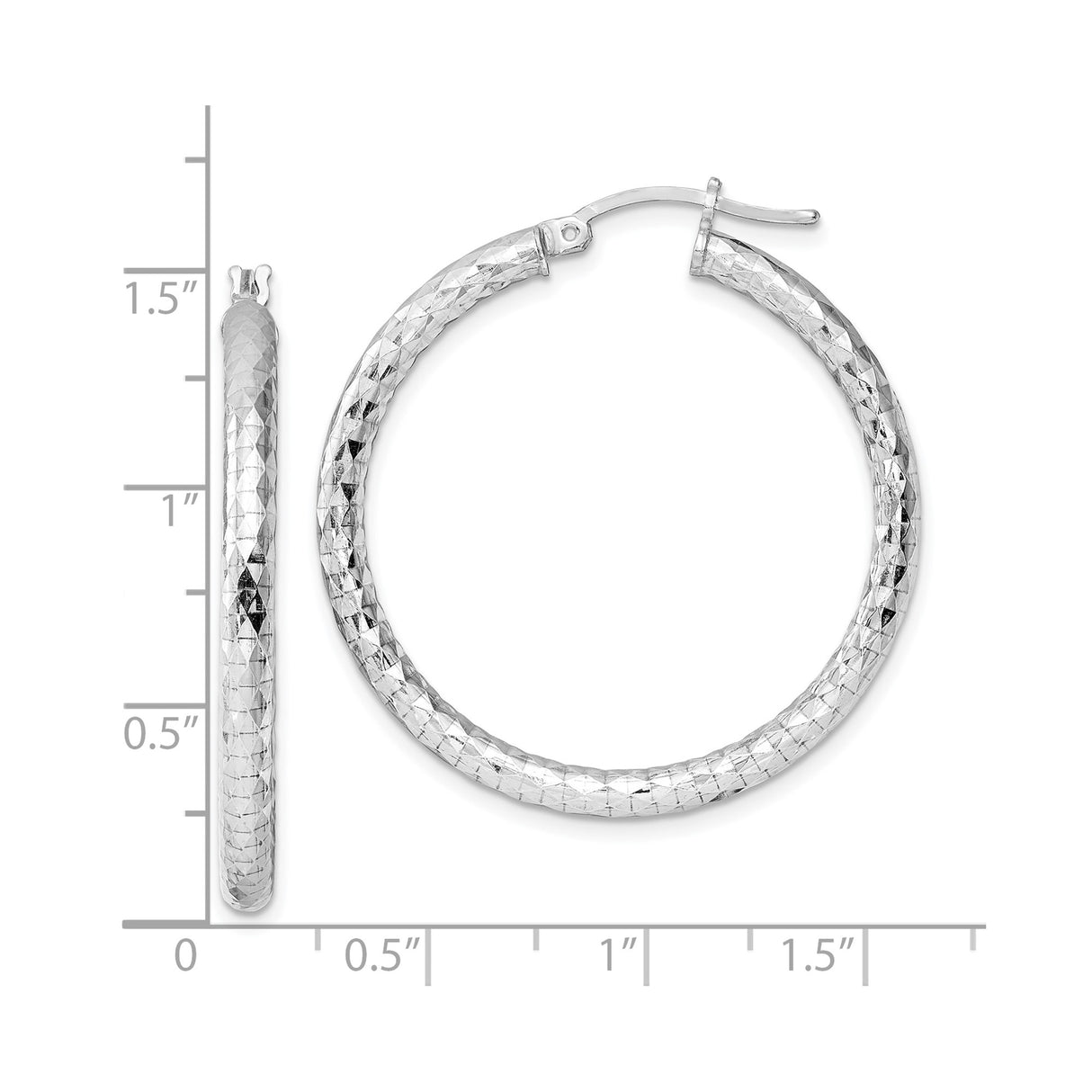 Sterling Silver Hoop Earrings, Diamond Cut Textured Round Hoops with Hinged Closure for Women