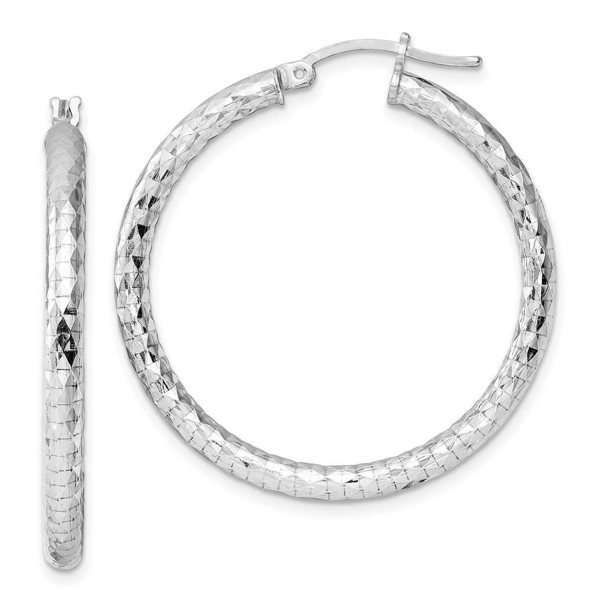 Sterling Silver Hoop Earrings, Diamond Cut Textured Round Hoops with Hinged Closure for Women