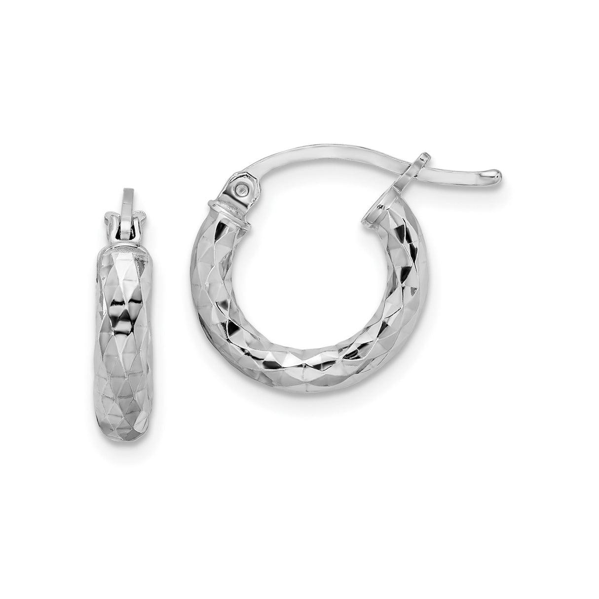 Sterling Silver Hoop Earrings with Diamond Cut Textured Finish, Lightweight Polished Design