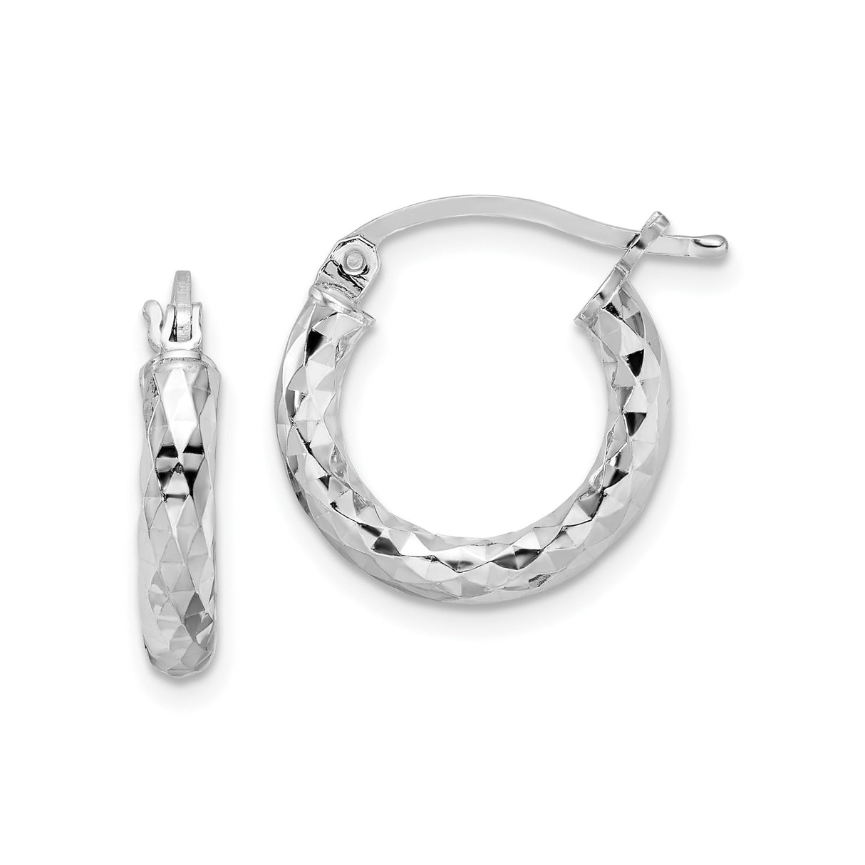 Sterling Silver Textured Diamond Cut Hoop Earrings with Faceted Surface for Women