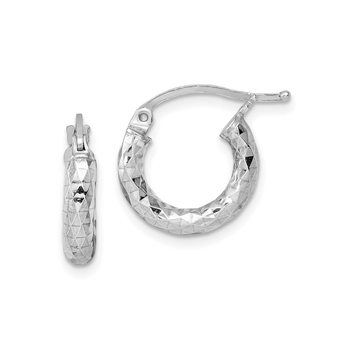 Sterling Silver Hoop Earrings with Diamond Cut Texture, Rhodium Plated Latch Back Design