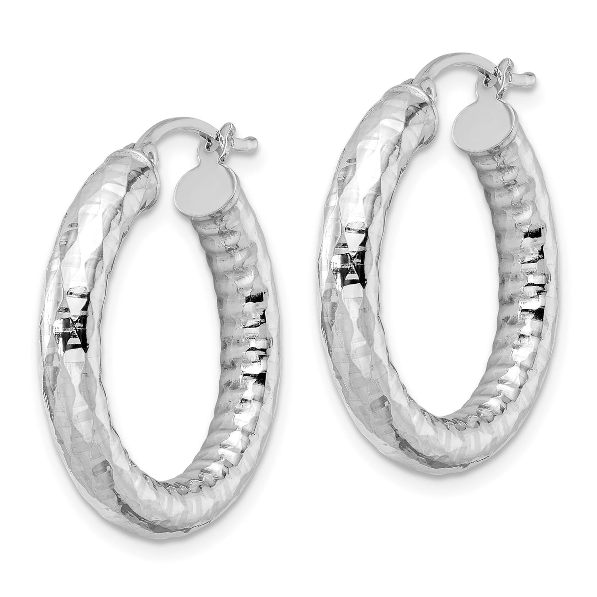 Sterling Silver Hoop Earrings with Hammered Diamond-Cut Finish, Rhodium Plated, Lightweight Design