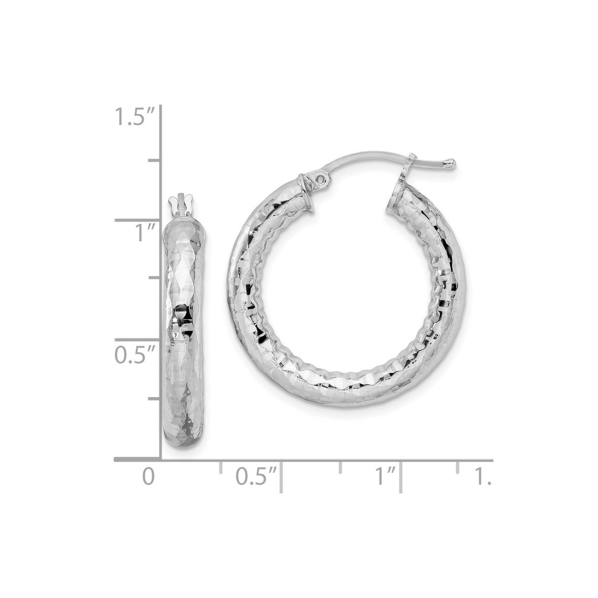 Sterling Silver Hoop Earrings with Hammered Diamond-Cut Finish, Rhodium Plated, Lightweight Design