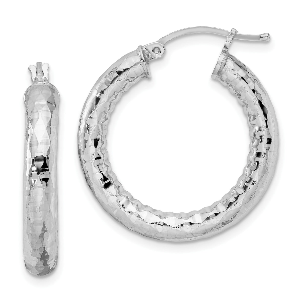 Sterling Silver Hoop Earrings with Hammered Diamond-Cut Finish, Rhodium Plated, Lightweight Design