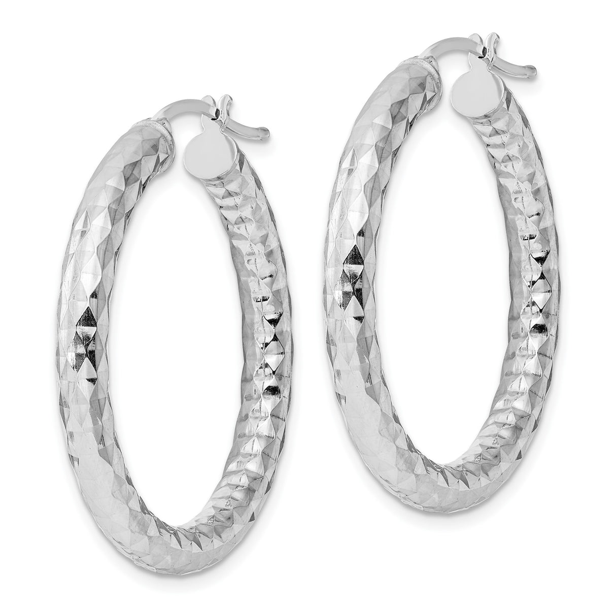 Sterling Silver Hoop Earrings, Diamond-Cut Textured Round Hoops with Hinged Closure