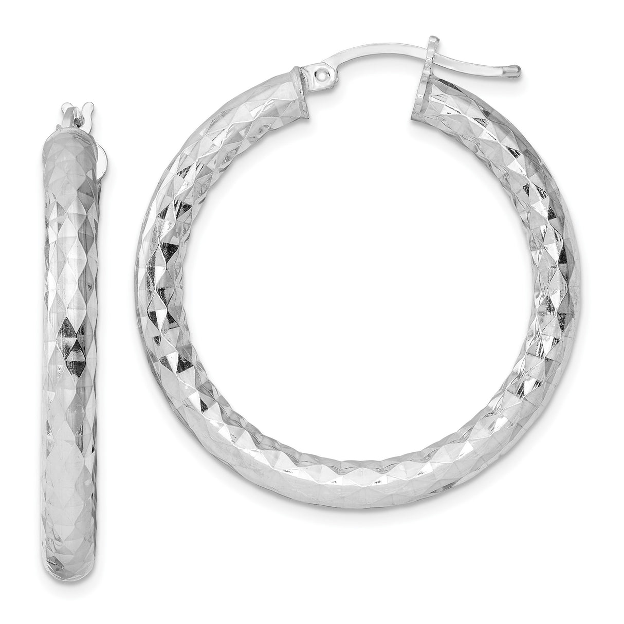 Sterling Silver Hoop Earrings, Diamond-Cut Textured Round Hoops with Hinged Closure