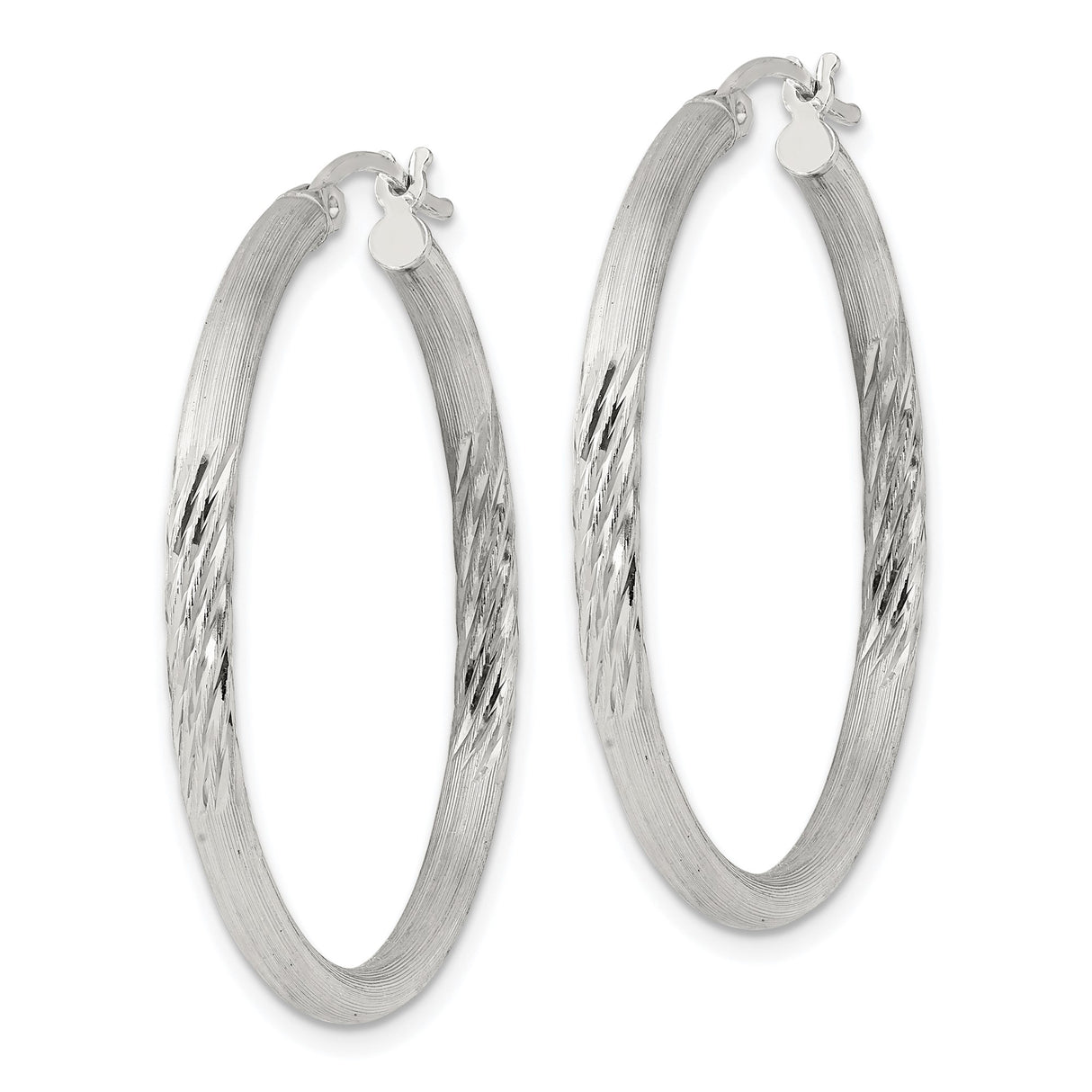 Sterling Silver Hoop Earrings, Textured Diamond-Cut with Polished Satin Finish, Lightweight Classic Style