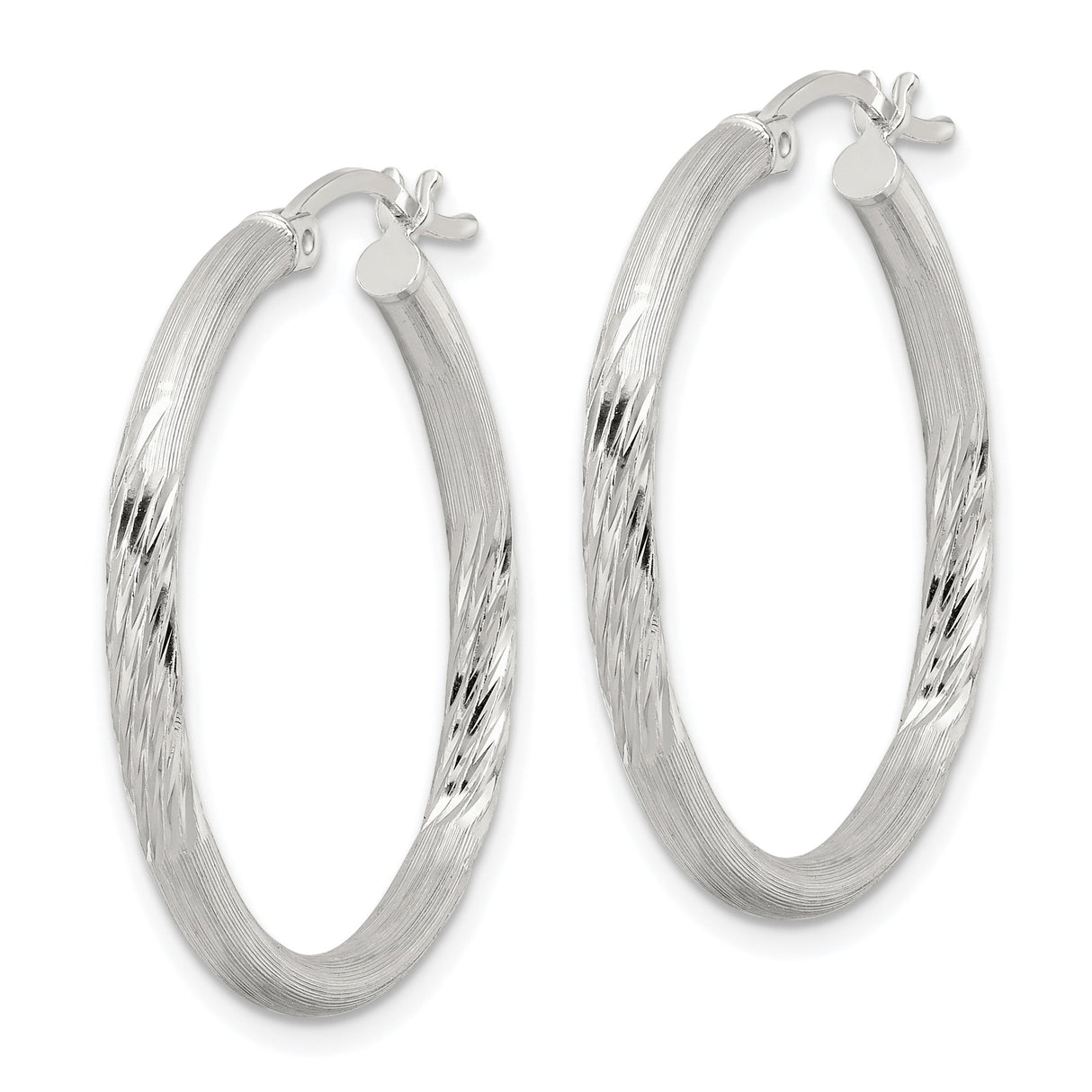 Sterling Silver Hoop Earrings with Polished and Brushed Diamond Cut Finish, Hinged Closure