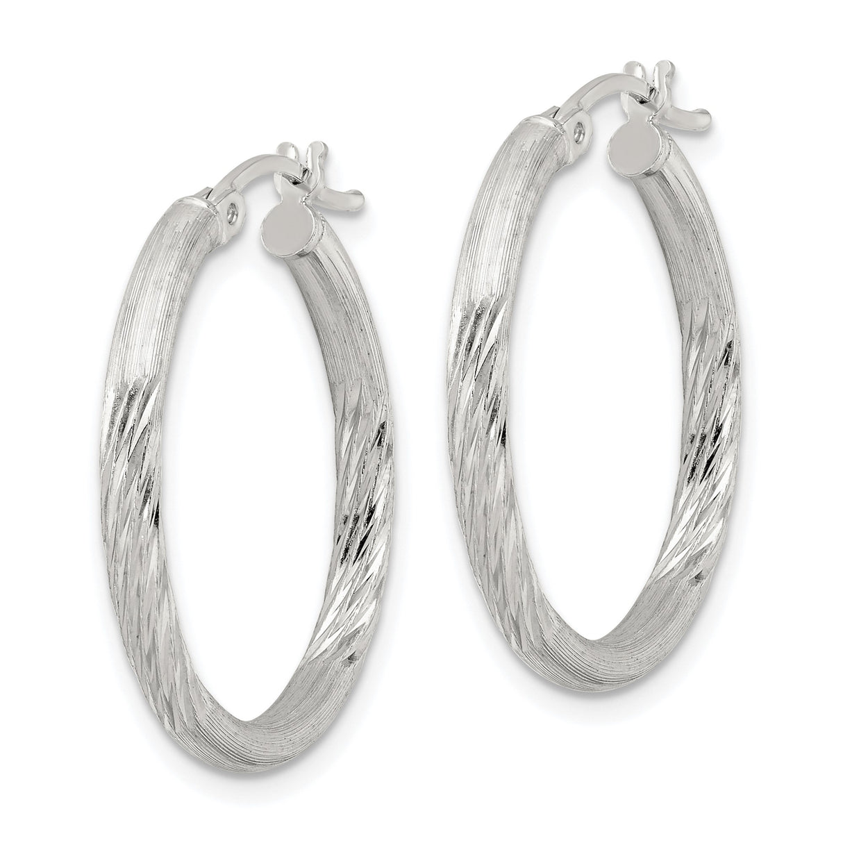 Sterling Silver Hoop Earrings, Twisted Diamond Cut Textured Design with Satin Finish