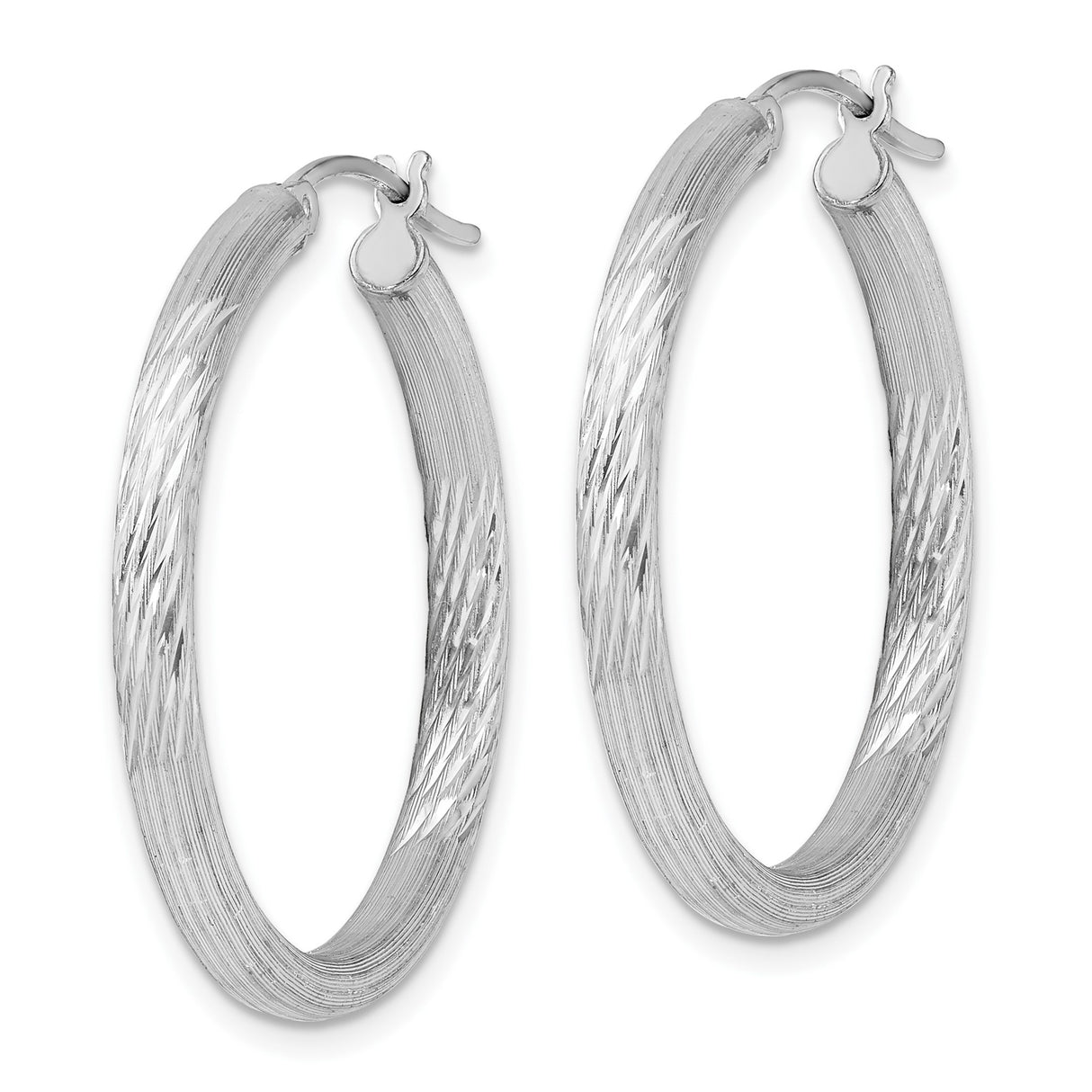 Sterling Silver Hoop Earrings, Textured Diamond Cut Hinged Design with Satin Finish for Women