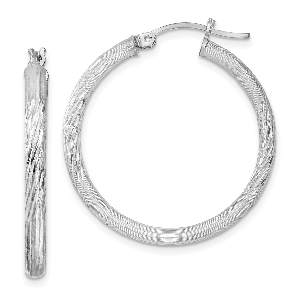 Sterling Silver Hoop Earrings, Textured Diamond Cut Hinged Design with Satin Finish for Women