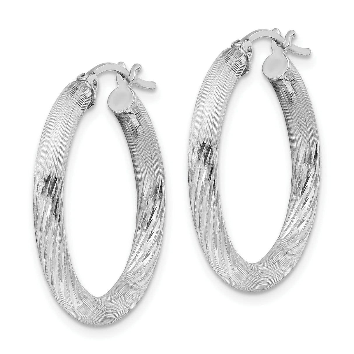 Sterling Silver Hoop Earrings, Textured Diamond Cut Round Design, Lightweight Polished Finish