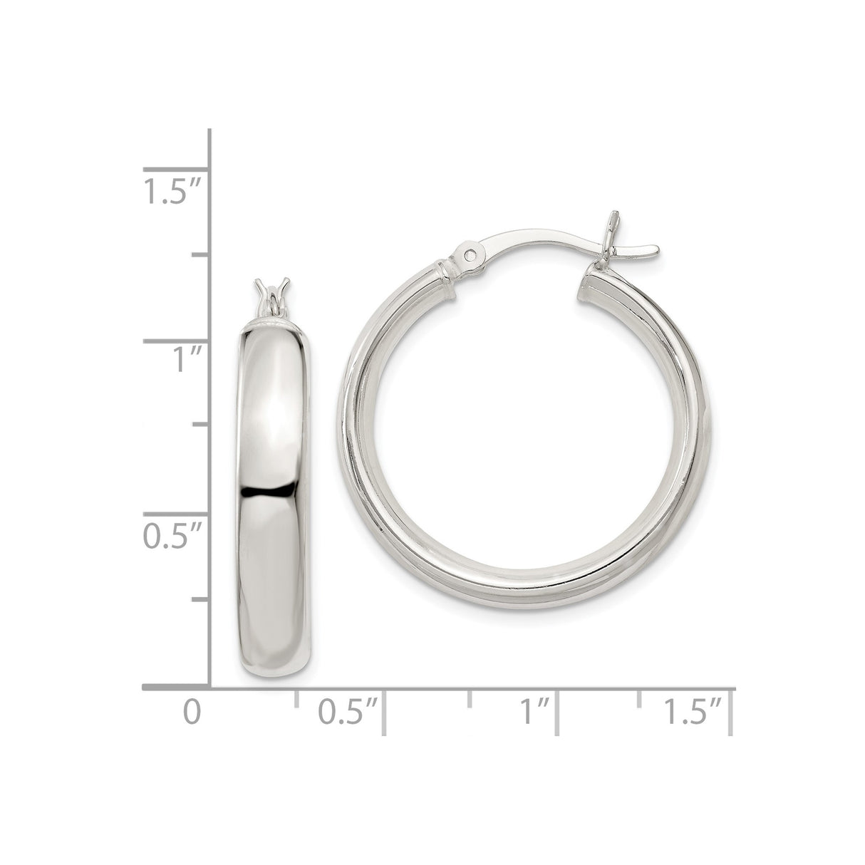 Sterling Silver Hoop Earrings, Medium Round Polished Hoops with Latch Back, Minimalist Classic Design