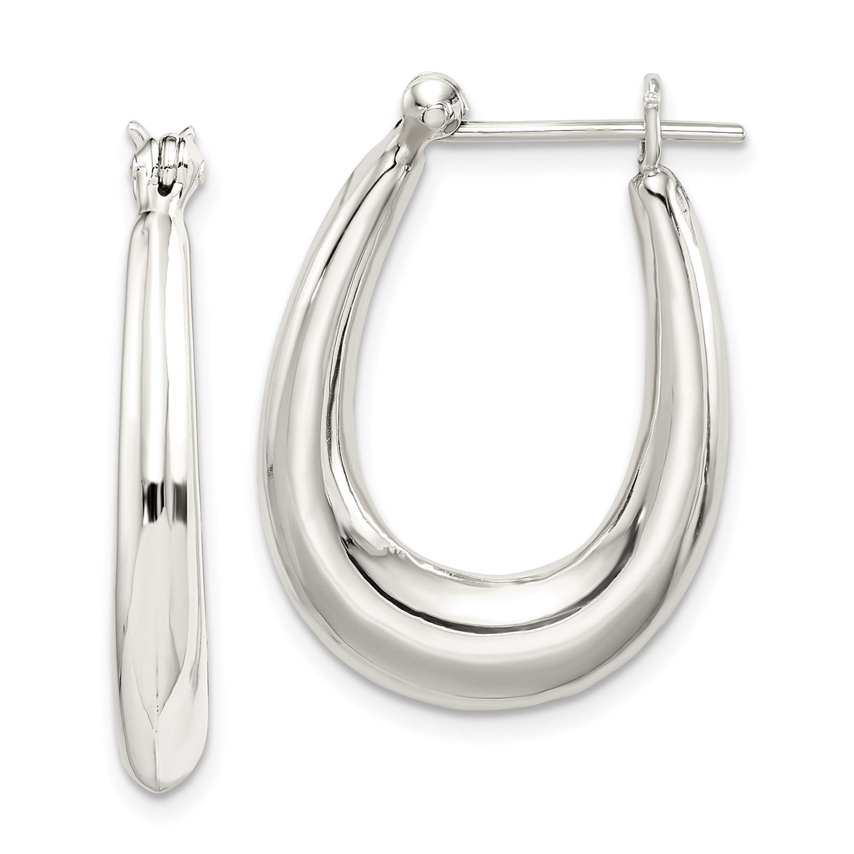 Sterling Silver Teardrop Hoop Earrings, Thick Oval Shape, Polished Minimalist Design