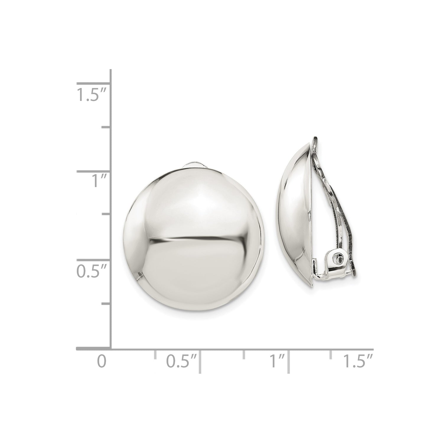 Sterling Silver Clip-On Earrings, Domed Round Button Design, Polished Finish, Non-Pierced Style