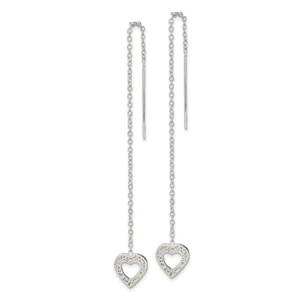 Sterling Silver Threader Earrings with Textured Open Heart Charm, Minimalist Romantic Design