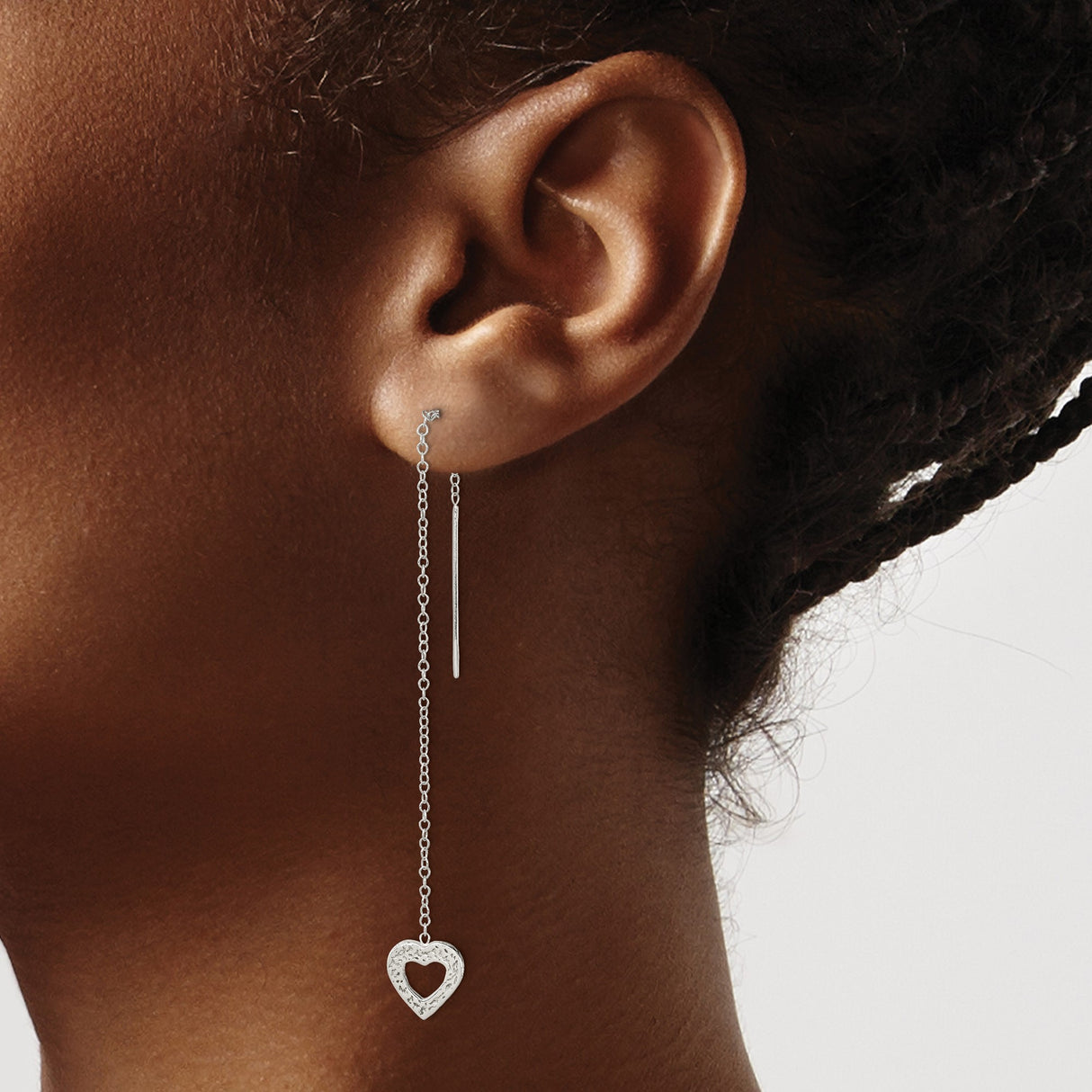Sterling Silver Threader Earrings with Textured Open Heart Charm, Minimalist Romantic Design