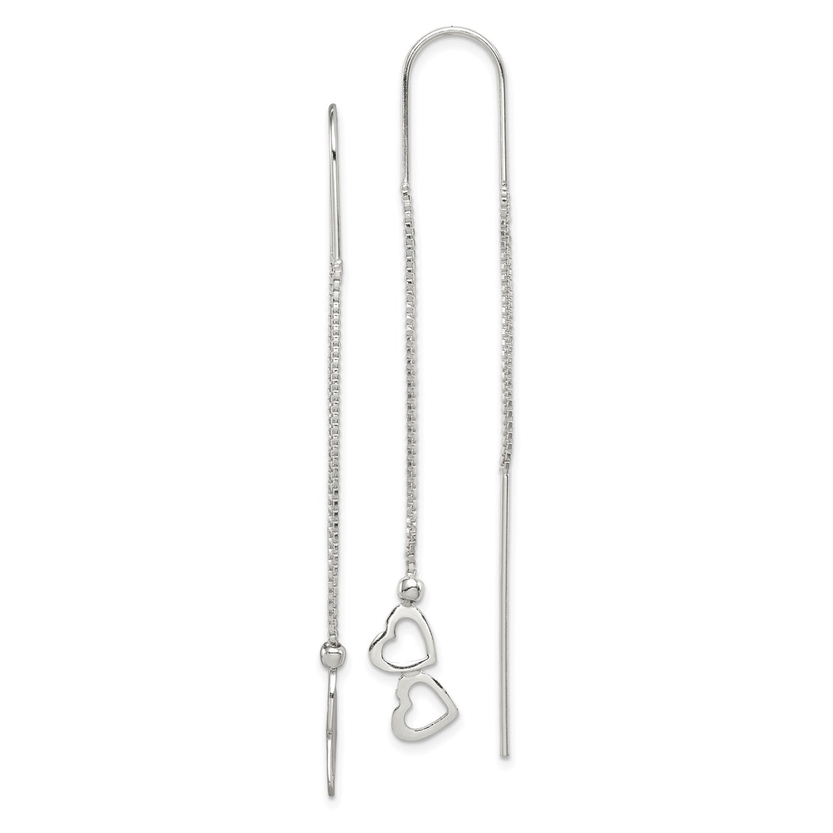 Sterling Silver Threader Earrings with Double Open Heart Charms, Minimalist Dangle Design
