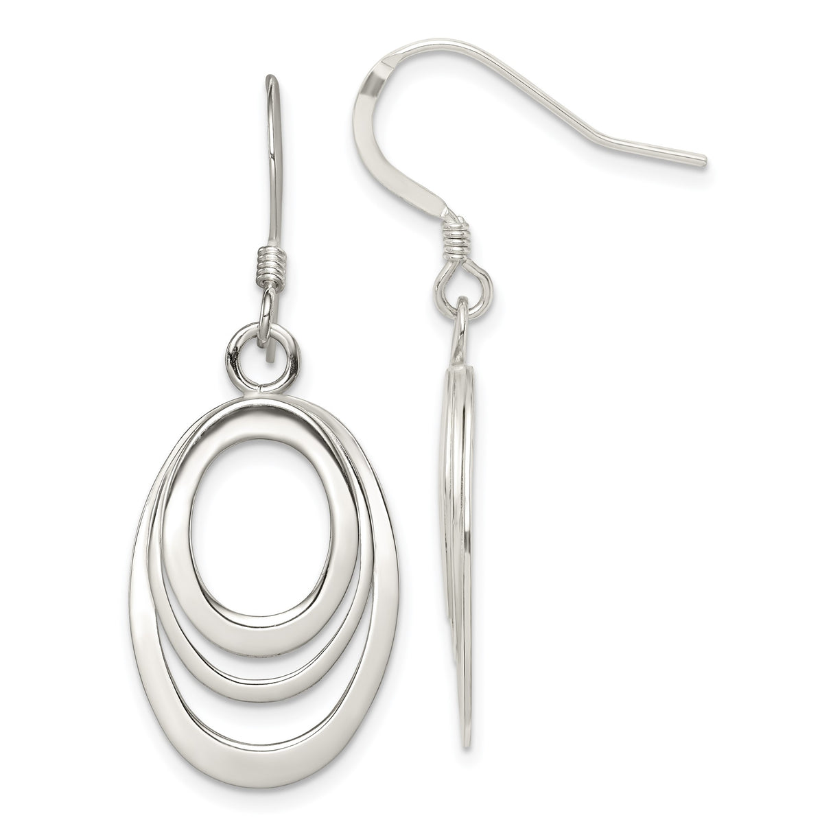 Sterling Silver Dangle Earrings with Triple Interlocking Oval Loops, Lightweight Modern Design