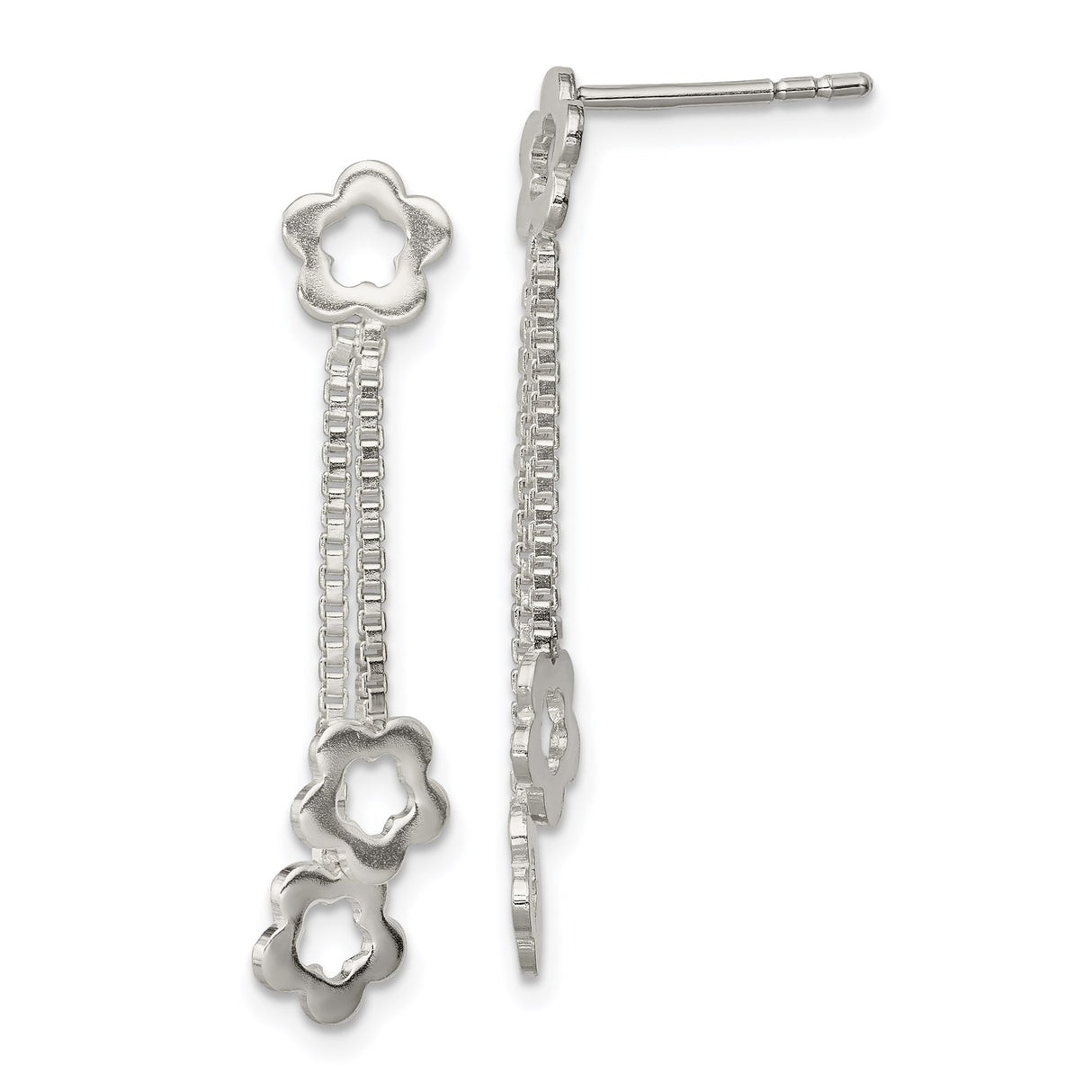 Sterling Silver Dangle Earrings with Open Flower Charms and Box Chain Design