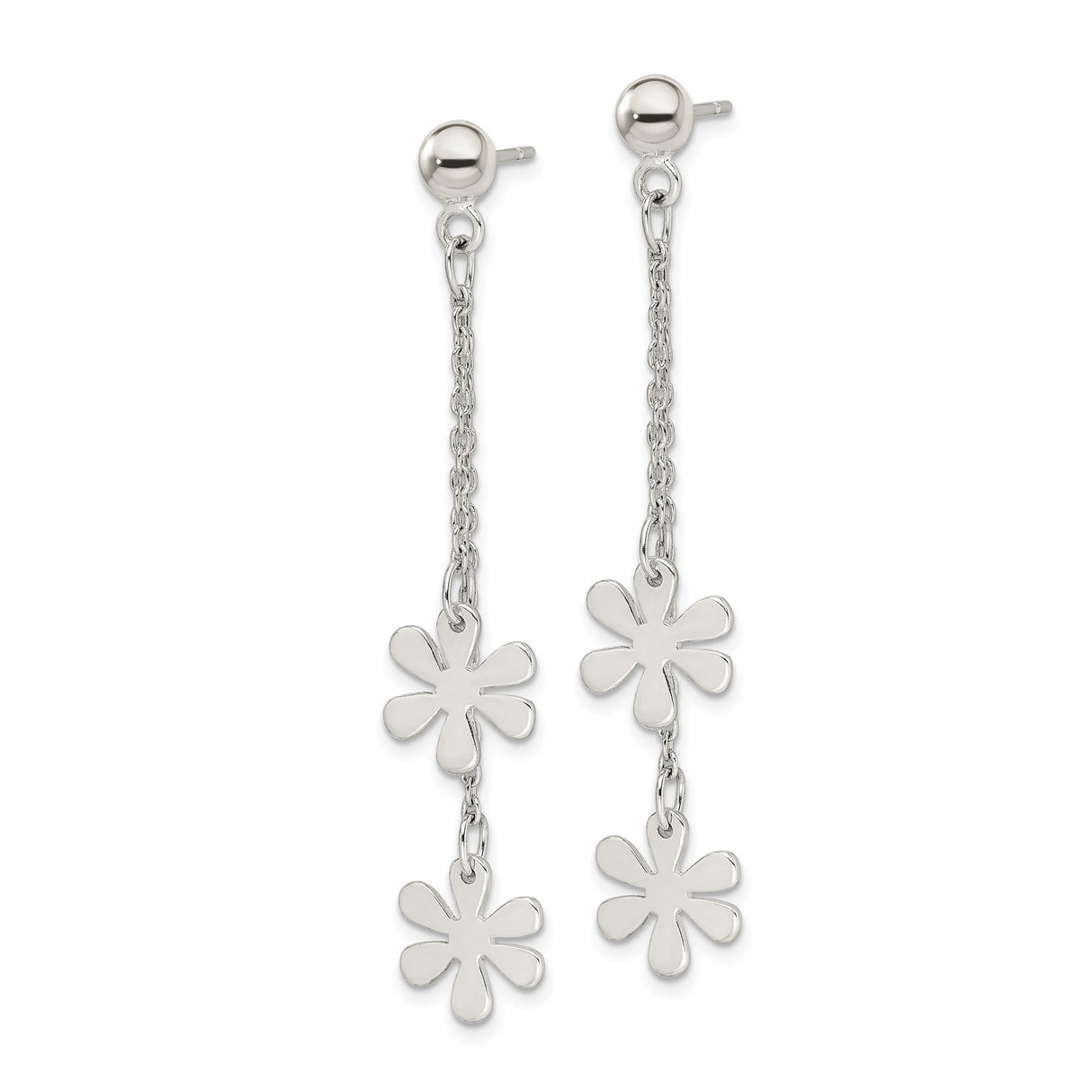 Sterling Silver Dangle Earrings with Dual Chain and Floral Charms, Lightweight Boho Style