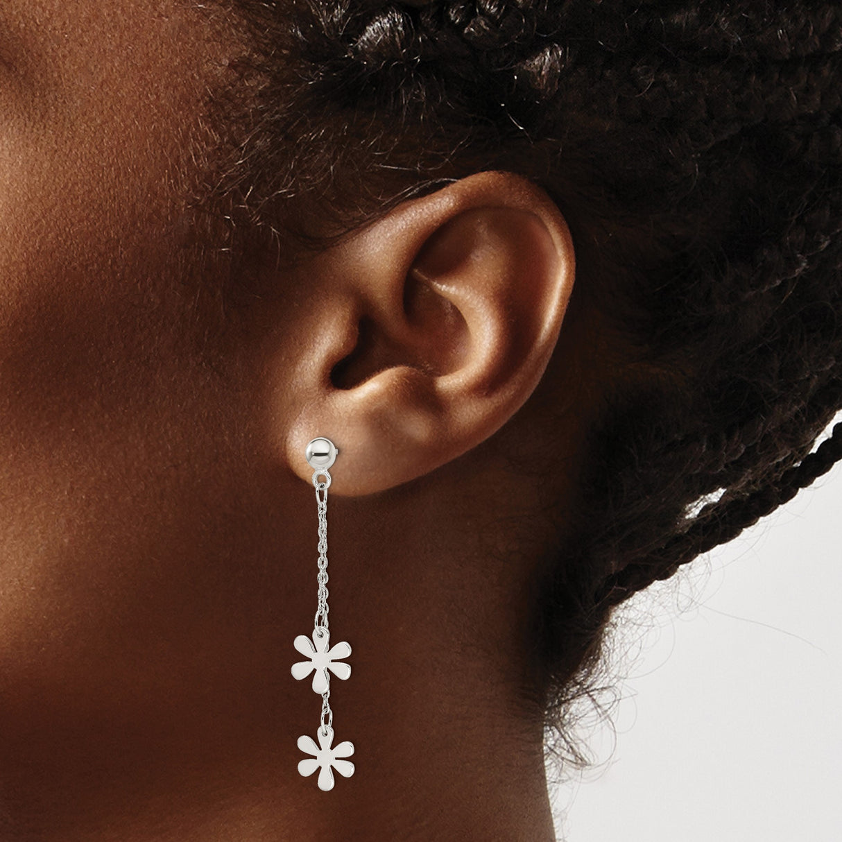 Sterling Silver Dangle Earrings with Dual Chain and Floral Charms, Lightweight Boho Style