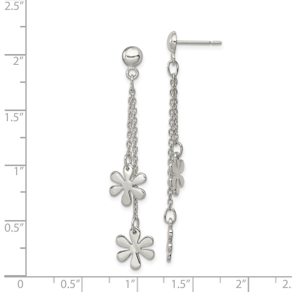 Sterling Silver Dangle Earrings with Dual Chain and Floral Charms, Lightweight Boho Style