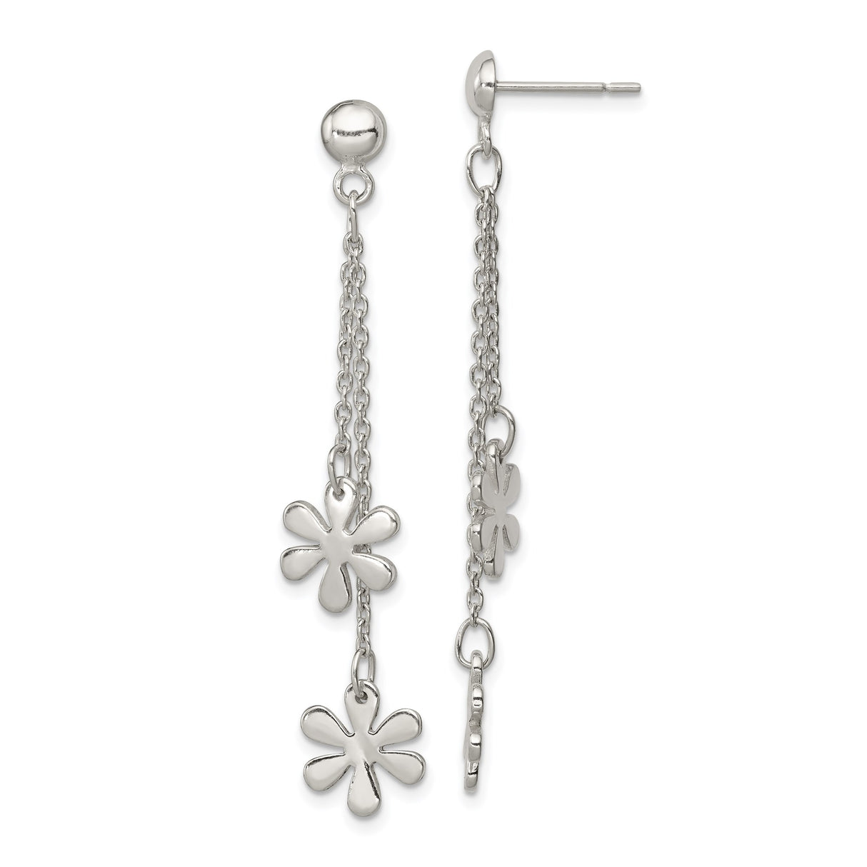 Sterling Silver Dangle Earrings with Dual Chain and Floral Charms, Lightweight Boho Style