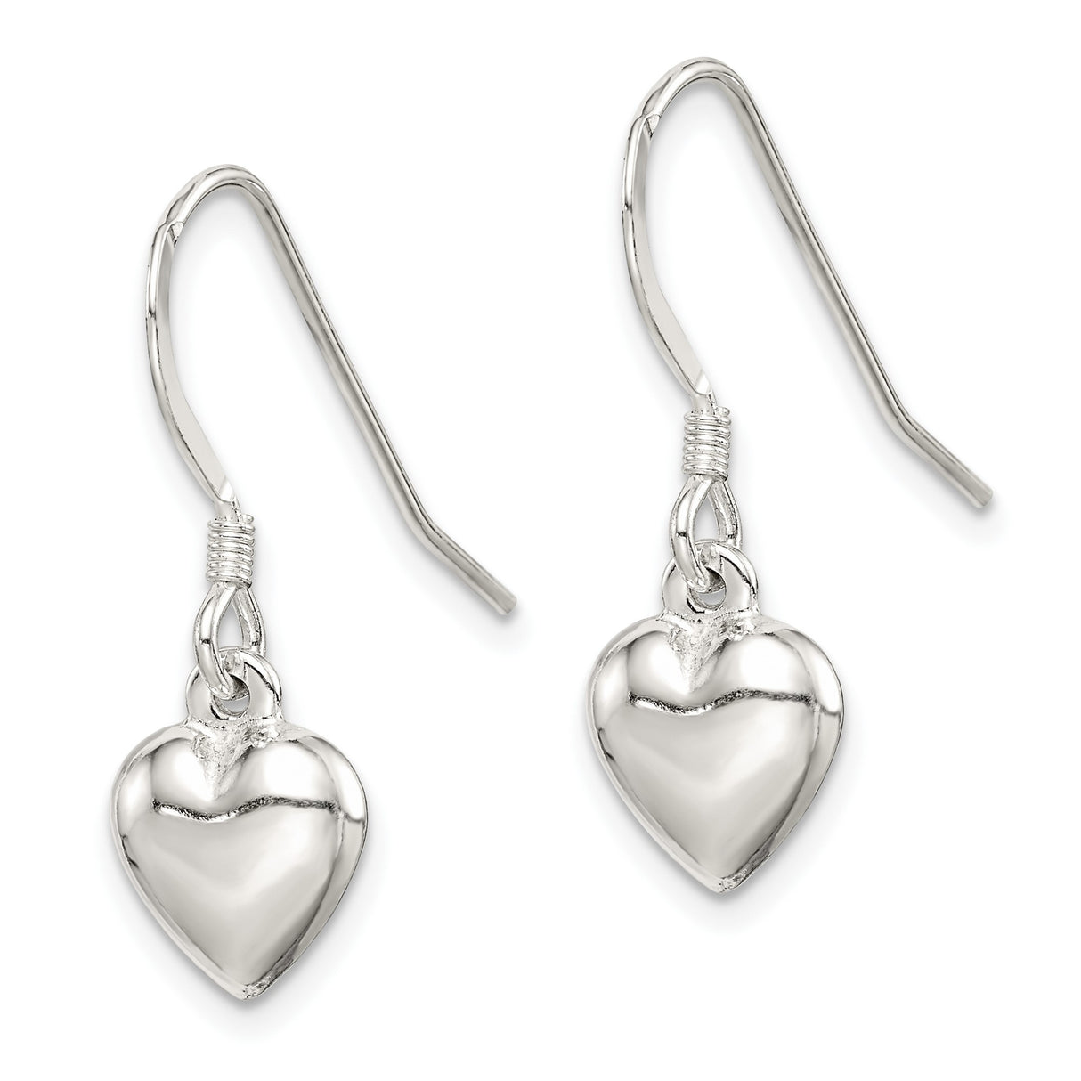 Sterling Silver Heart Drop Earrings with Polished Puffed Charms, Romantic Dangle Design for Women