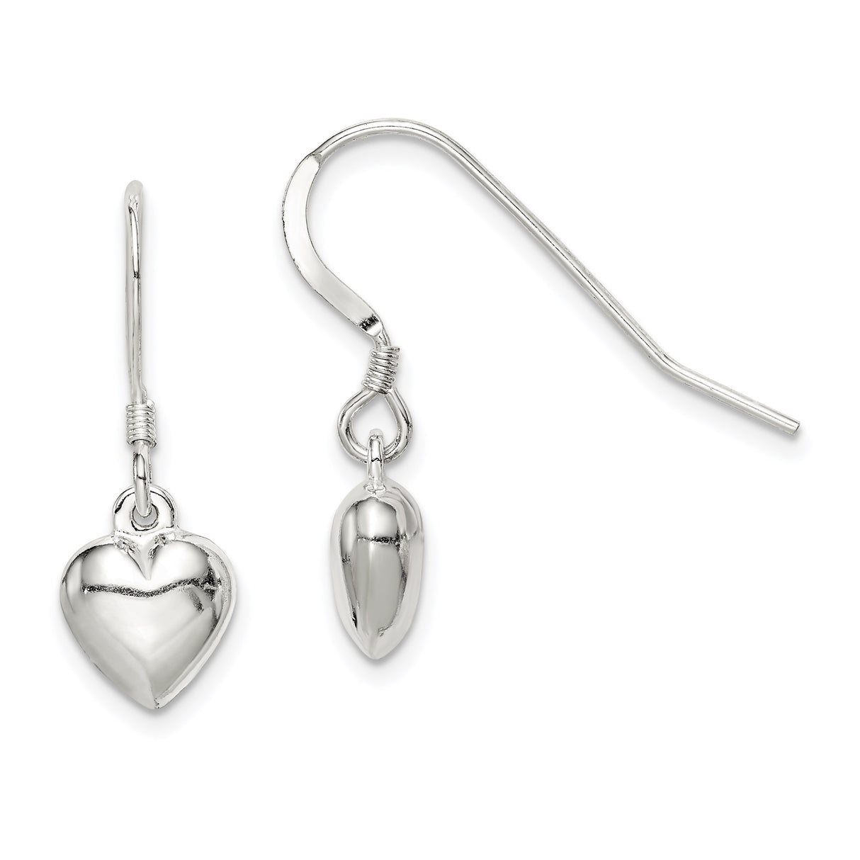 Sterling Silver Heart Drop Earrings with Polished Puffed Charms, Romantic Dangle Design for Women