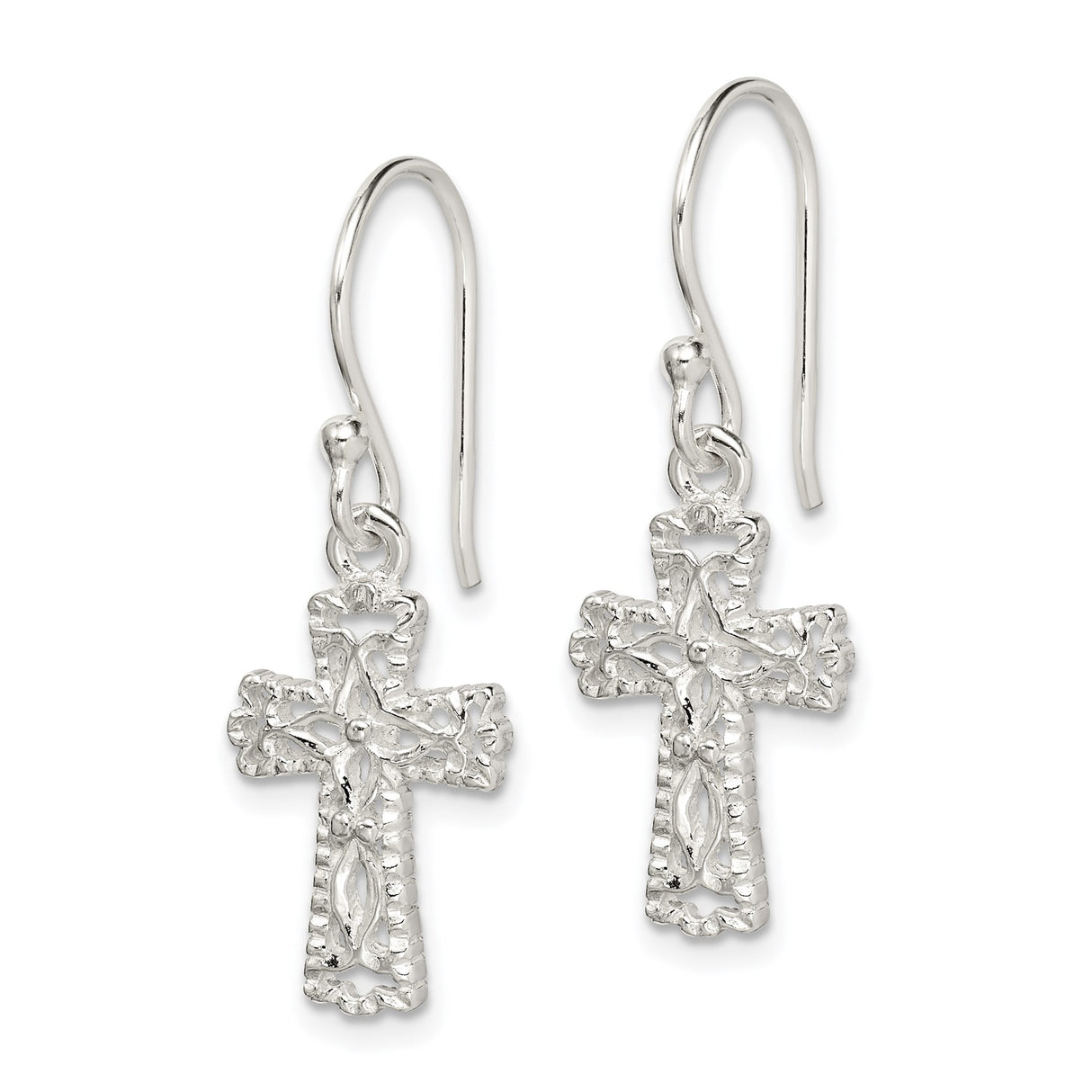 Sterling Silver Cross Dangle Earrings with Gold Accents and Floral Openwork Design