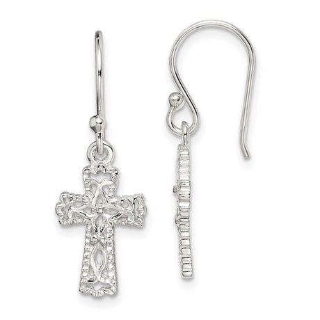 Sterling Silver Cross Dangle Earrings with Gold Accents and Floral Openwork Design
